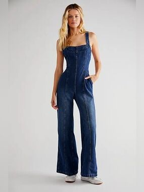 Free People Kendra Denim Jumpsuit in Inky Indigo